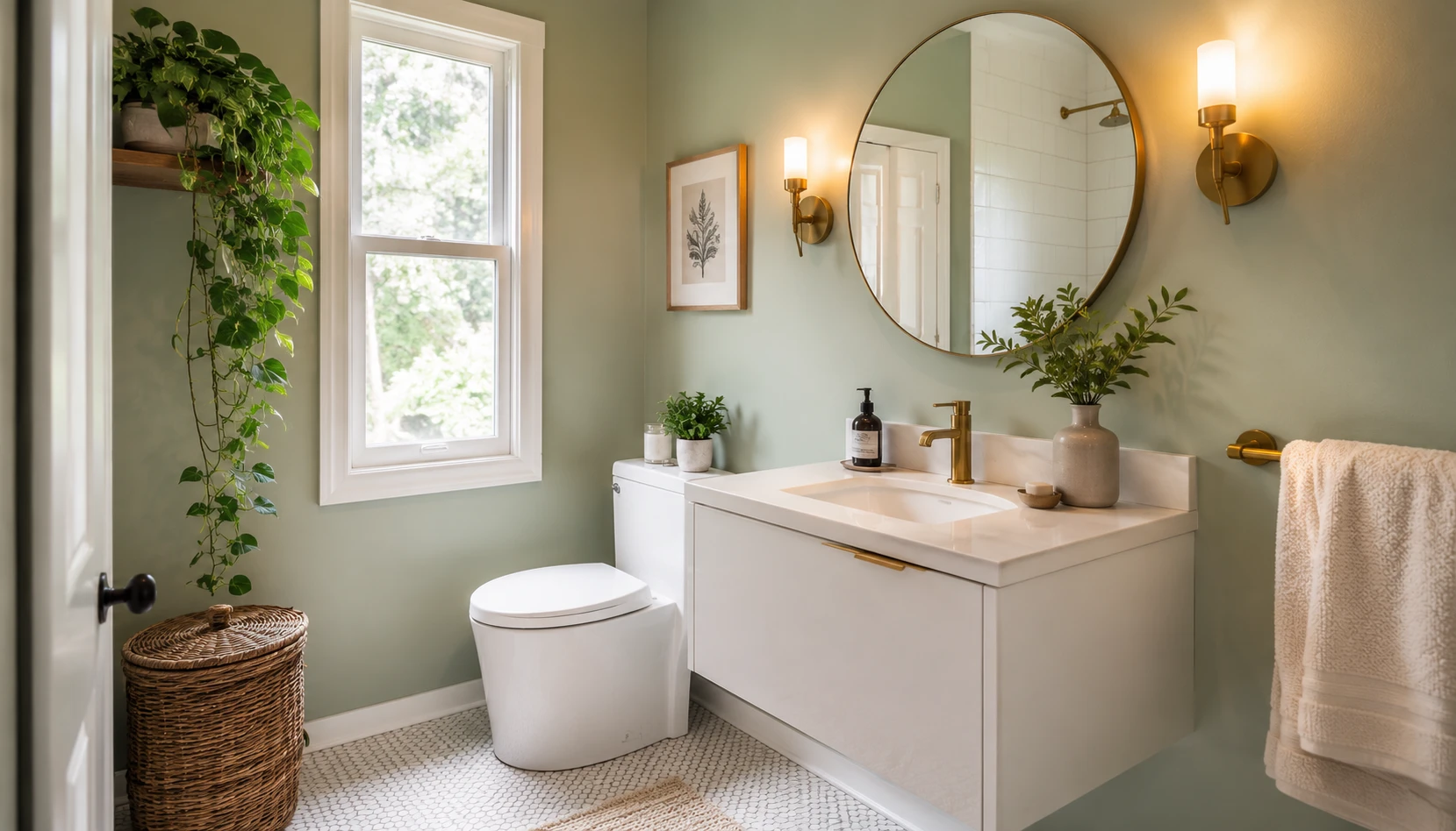 Small bright bathroom with sage green walls, a round mirror, floating vanity, and warm layered lighting making the space feel open