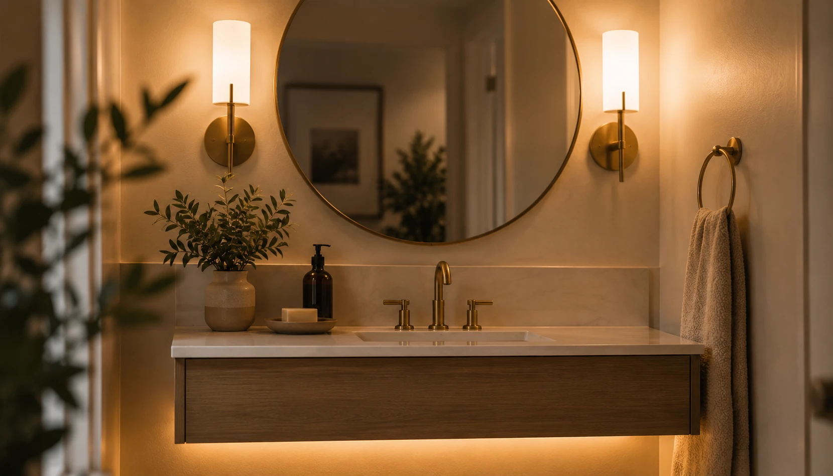 Bathroom mirror flanked by warm toned wall sconces with soft LED glow under the vanity