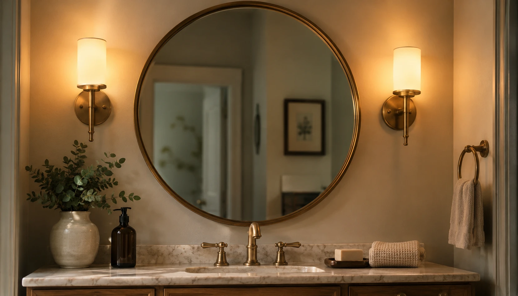 Large round mirror mounted above a bathroom vanity with warm sconce lighting on either side