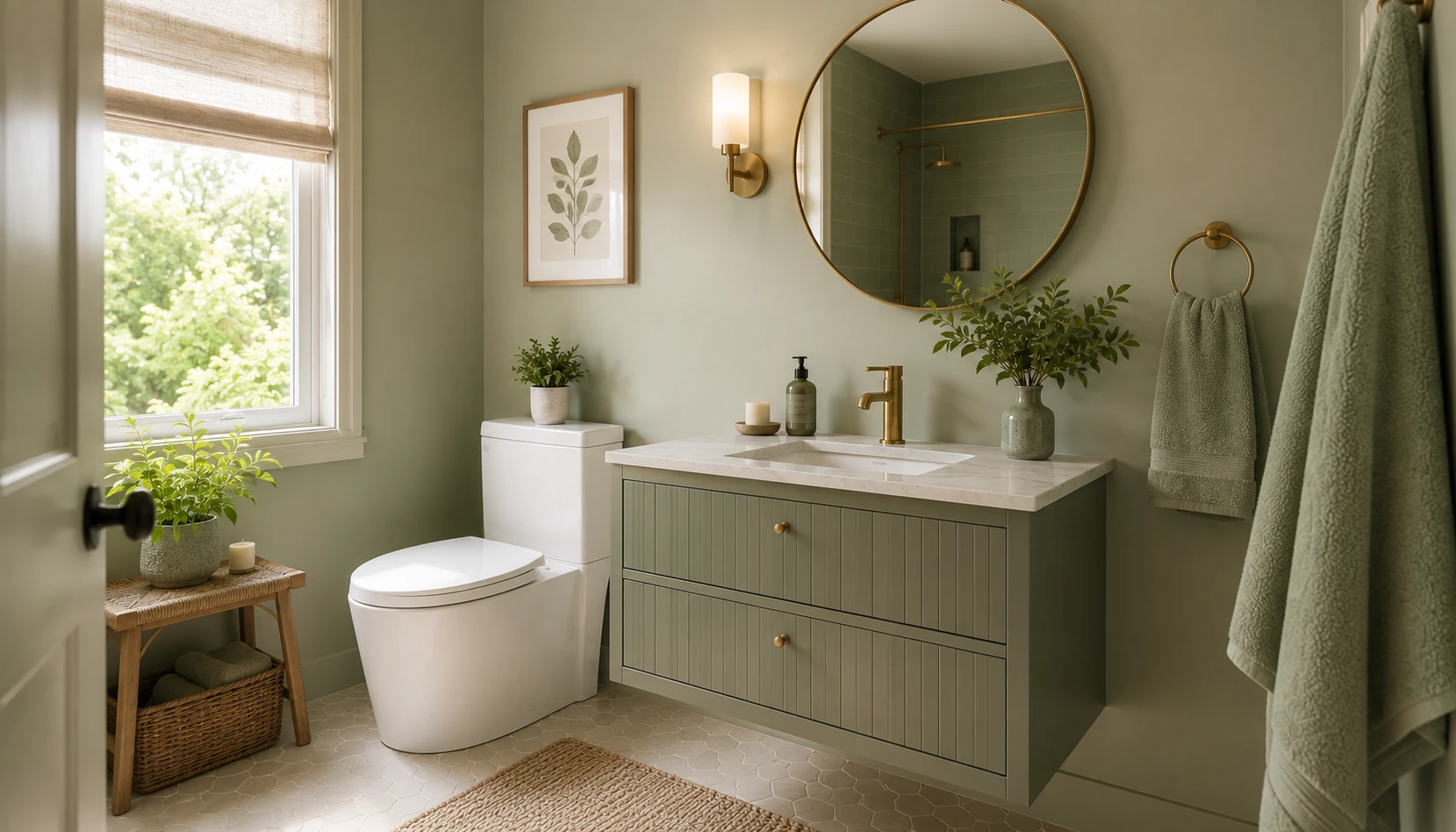 Small bathroom styled in a single tonal sage green palette with matching towels and bath mat