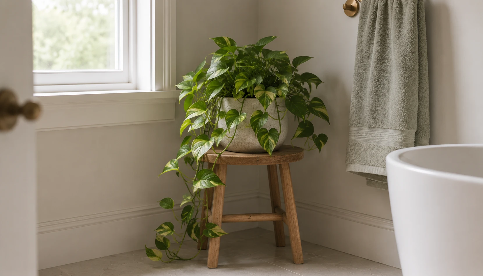 Small bathroom corner with one large trailing plant on a stool near soft natural light