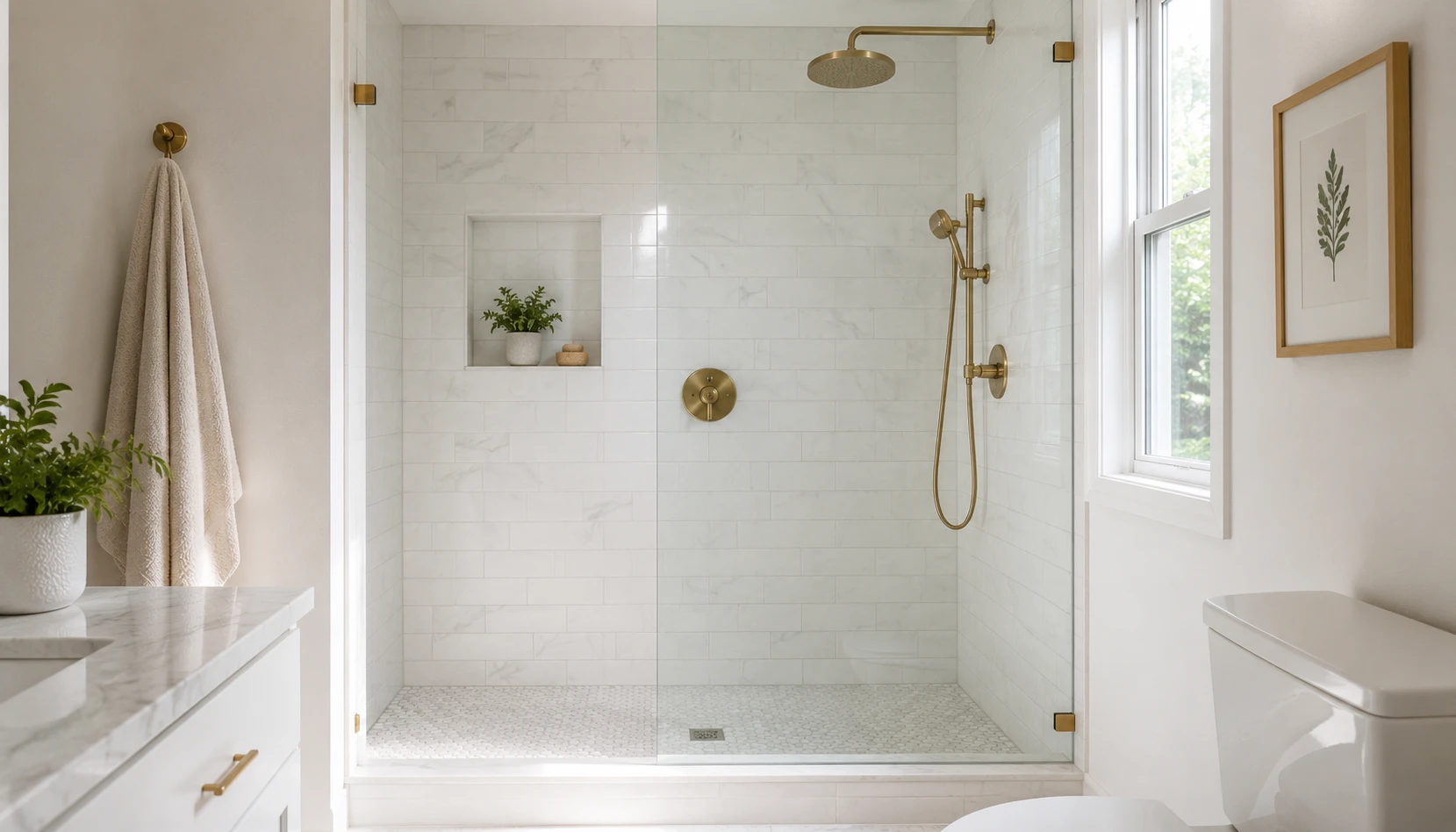 Small bathroom shower with frameless clear glass panel showing full sightline to tile wall behind it