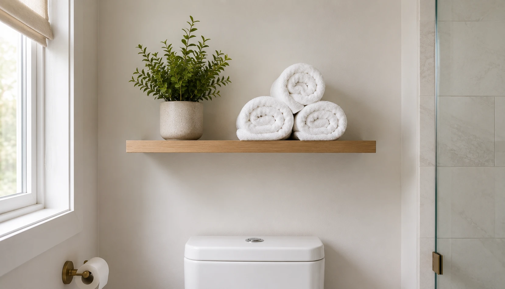 Slim floating open shelf above a toilet holding rolled white towels and a small plant