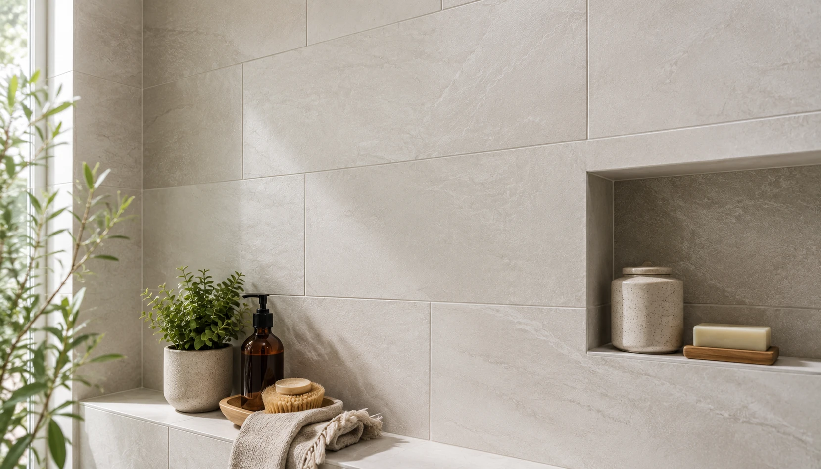 Bathroom wall covered in large format tile with minimal grout lines for a clean modern look