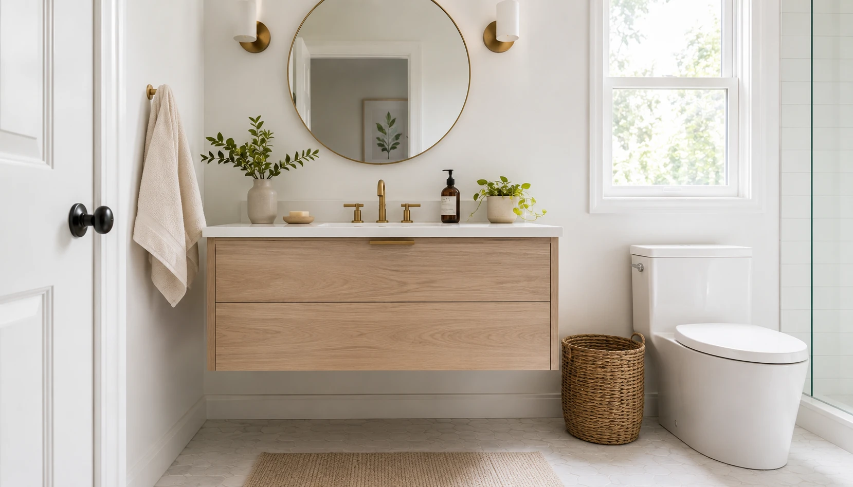 Wall mounted floating vanity in a small bathroom with visible floor space underneath
