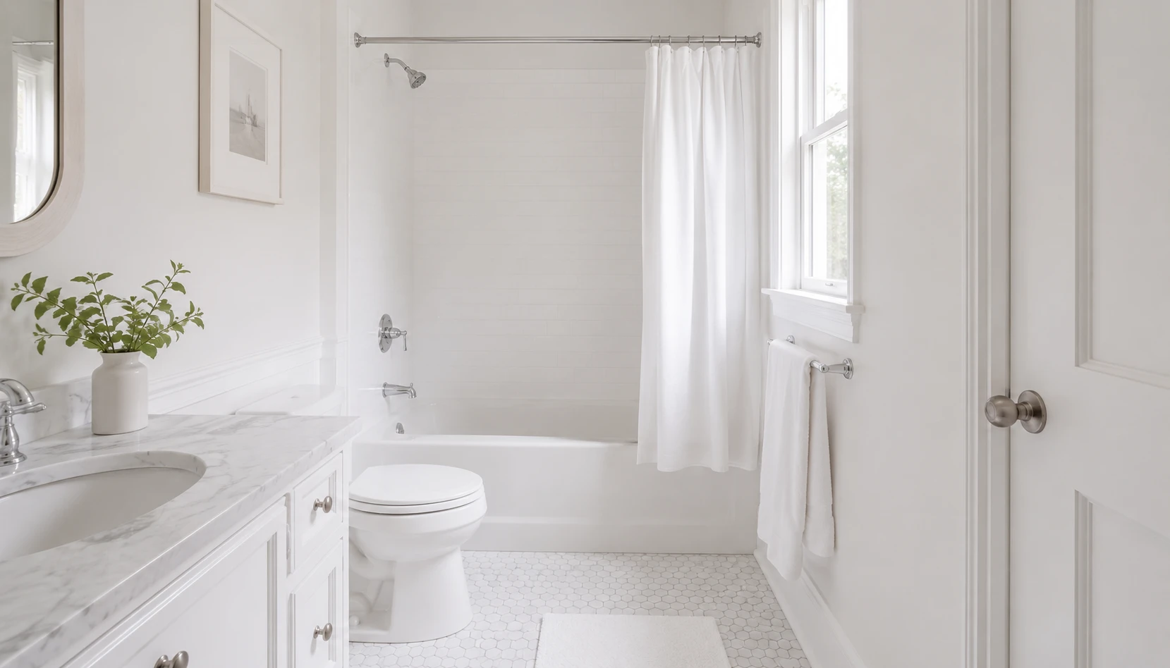 Small bathroom with soft white satin finish walls reflecting natural daylight