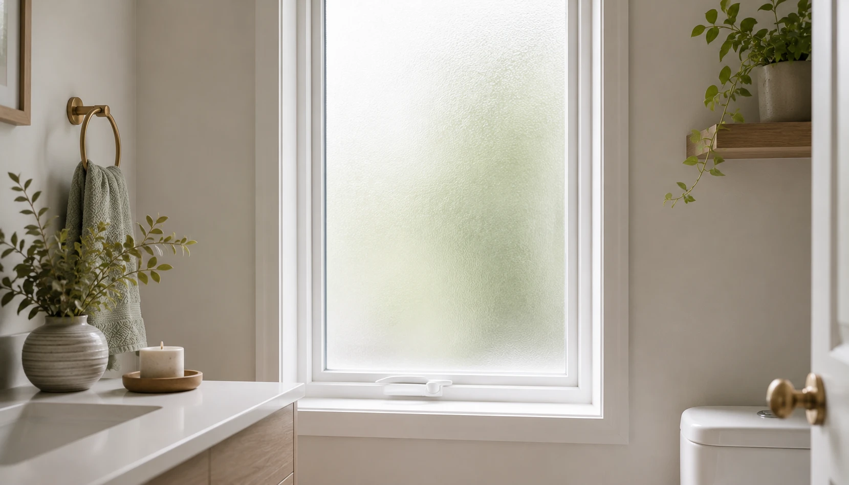 Bathroom window with frosted privacy film letting soft diffused daylight through