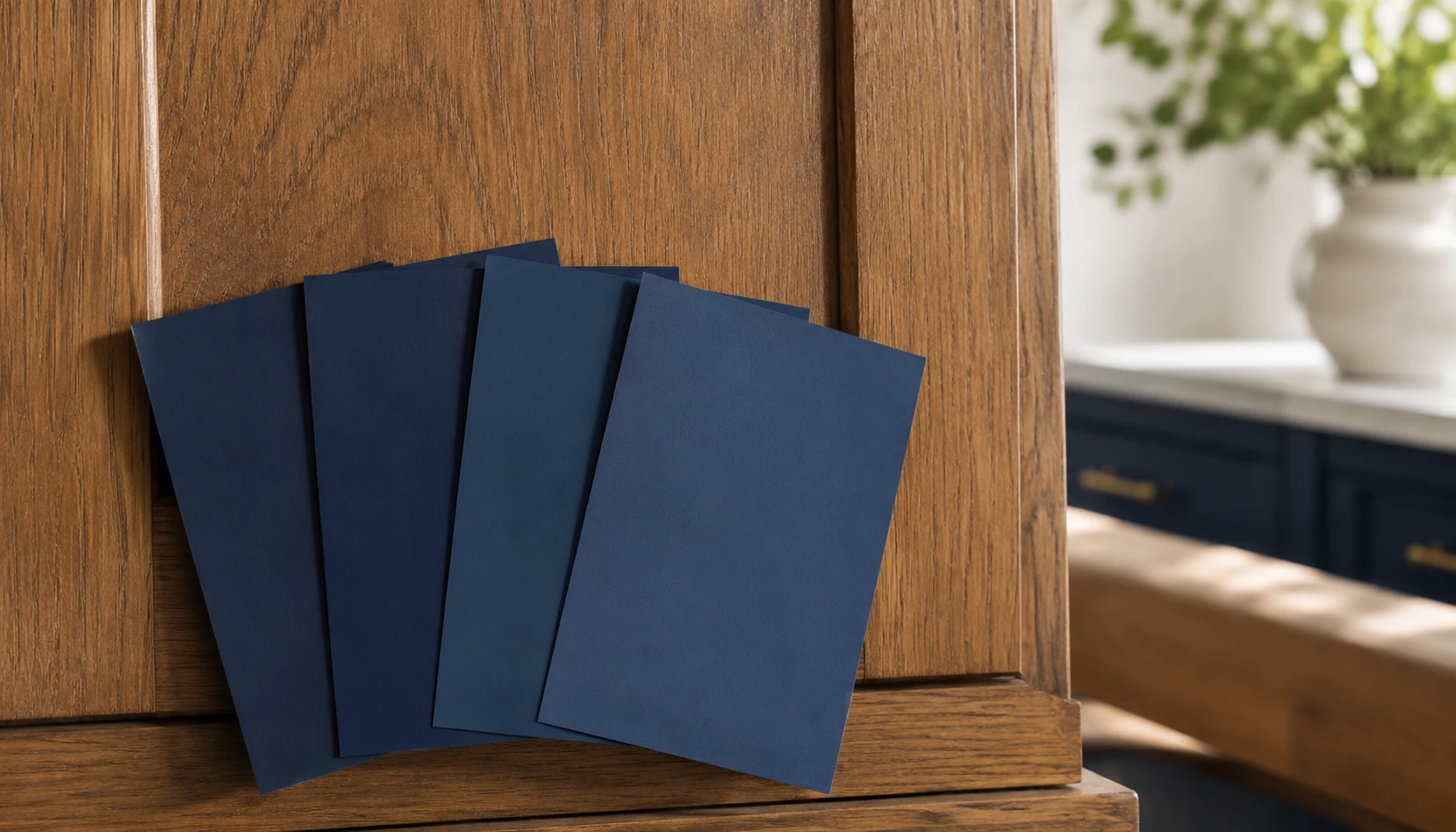 Close up of navy blue kitchen cabinet paint samples showing different undertones