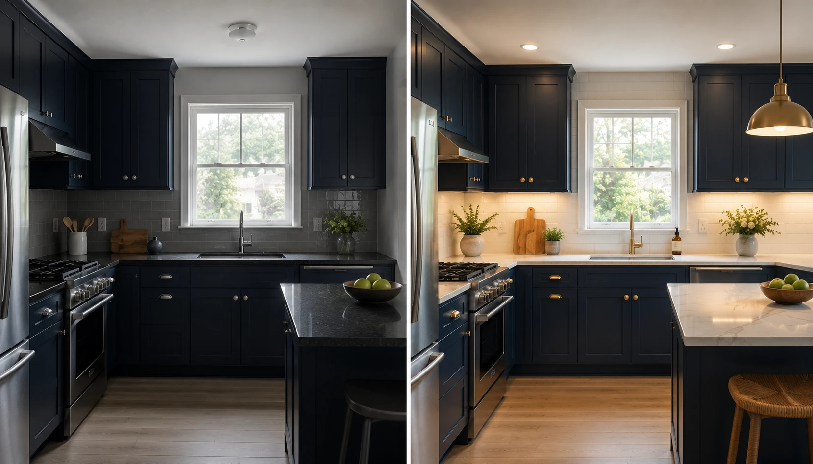 Split scene comparing a poorly lit navy kitchen mistake against a correctly styled warm navy kitchen