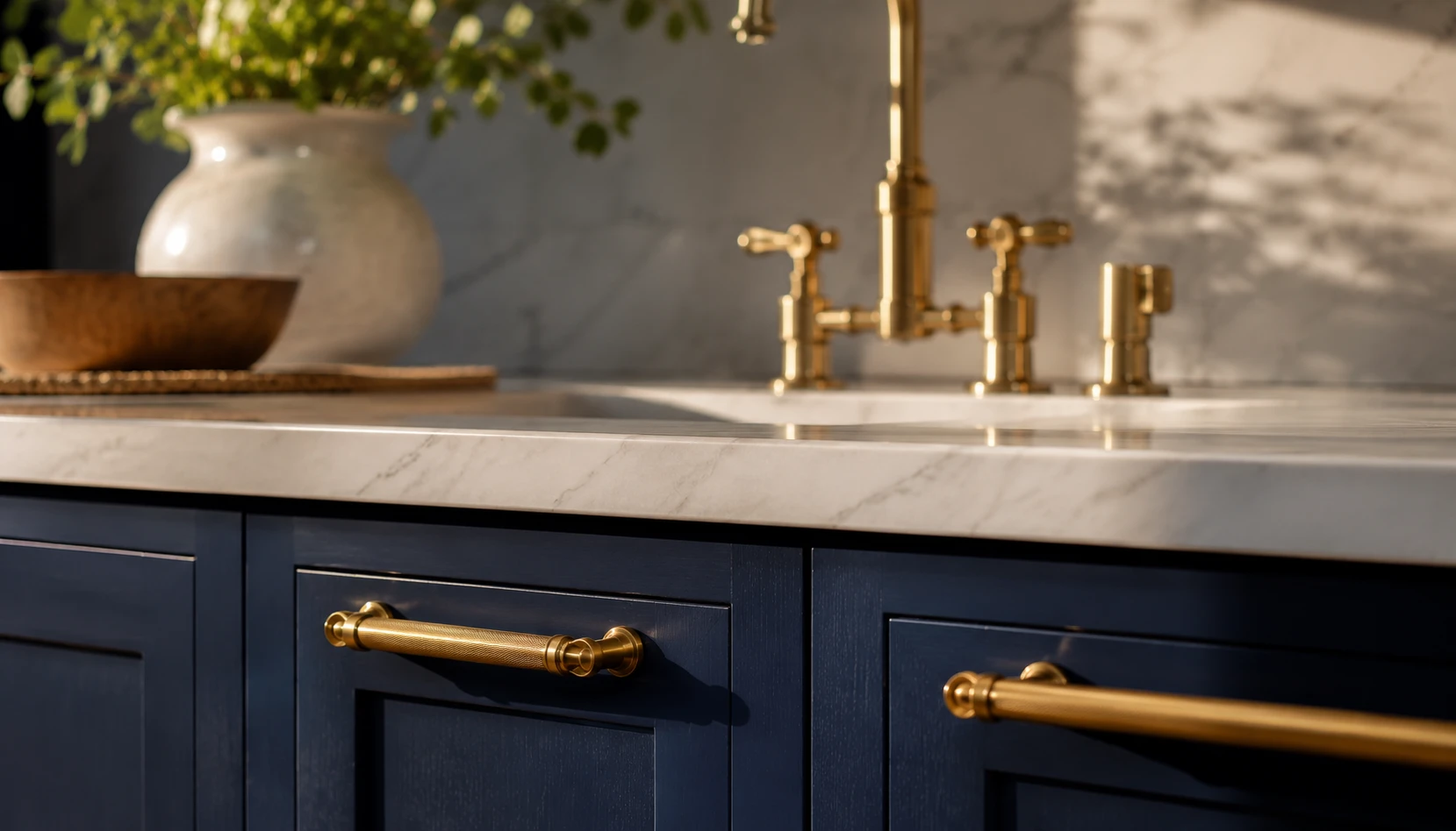 Brass cabinet hardware and faucet fixtures against navy blue kitchen cabinets