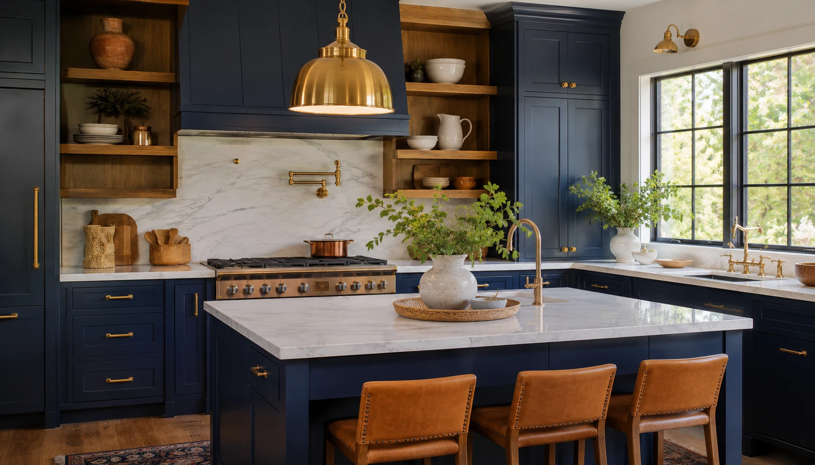Navy blue kitchen with brass hardware, warm wood open shelving, and marble countertops in bright natural light