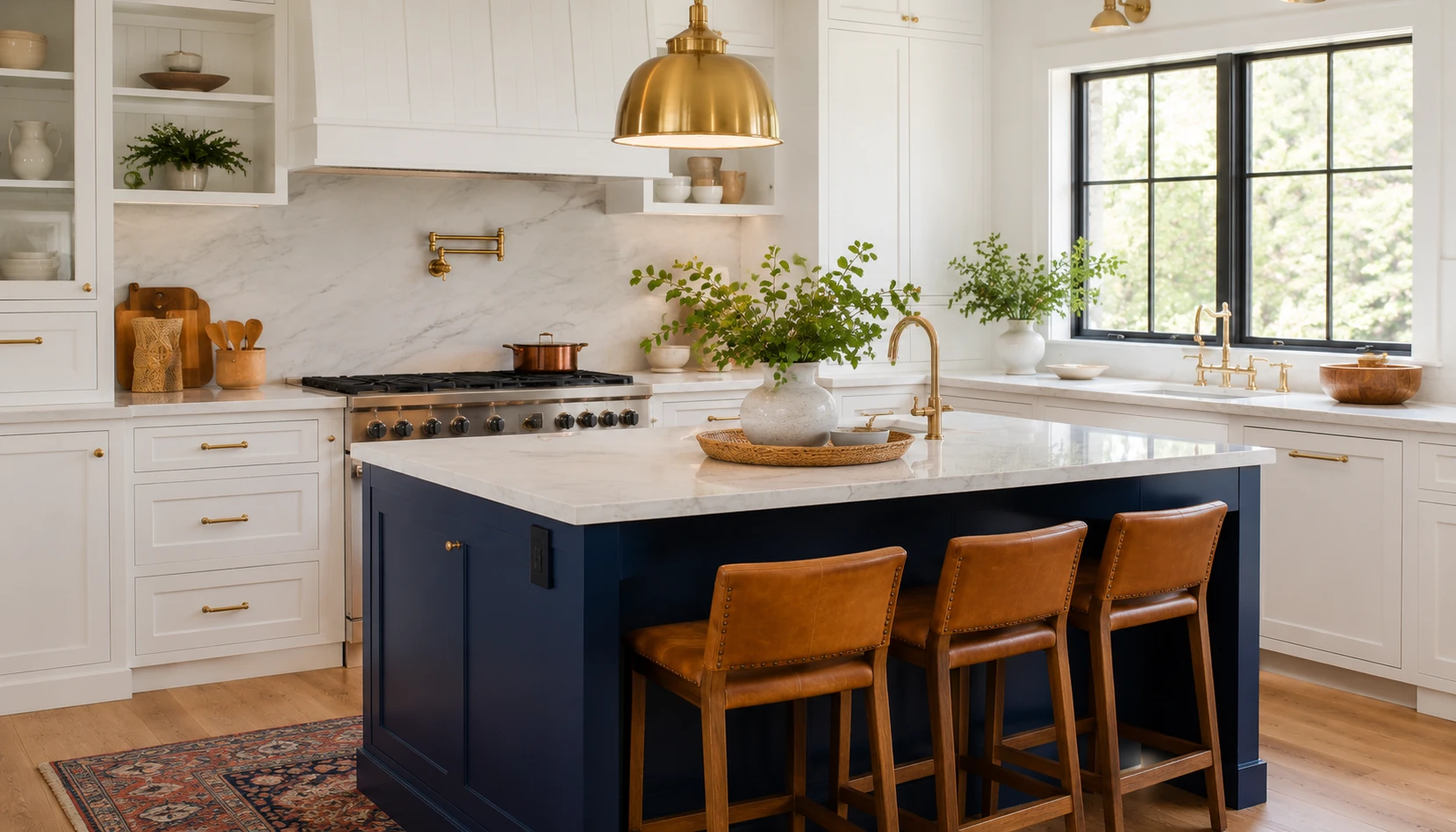 Kitchen with navy blue island contrasted against white surrounding cabinetry