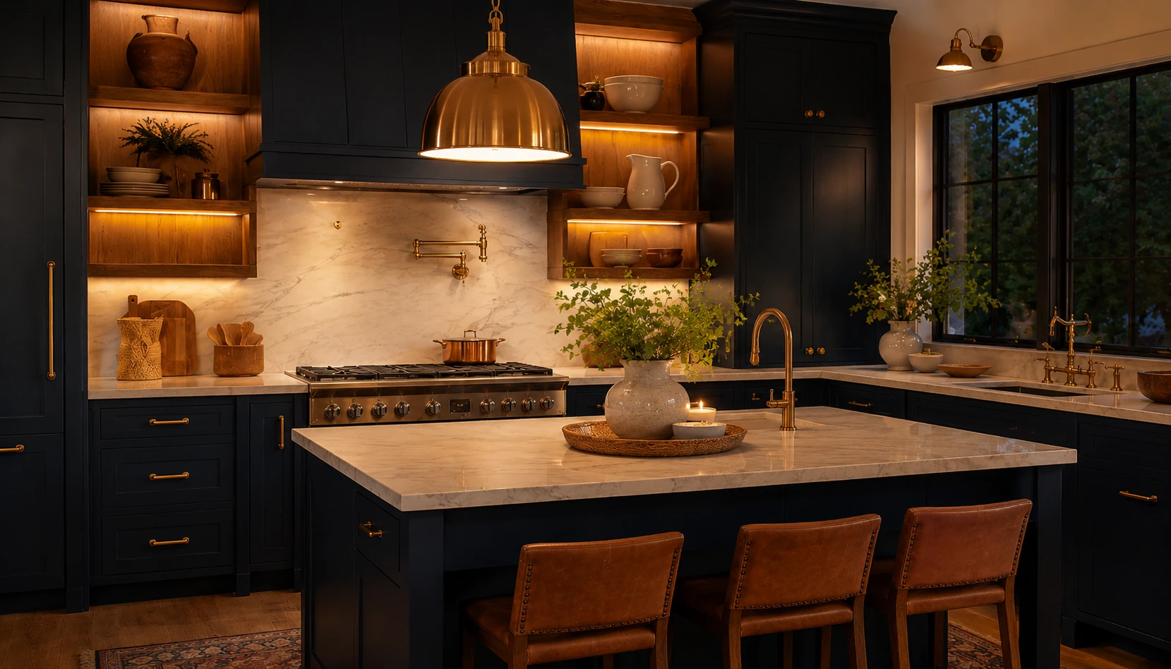 Navy blue kitchen island with warm pendant lighting and under cabinet lighting