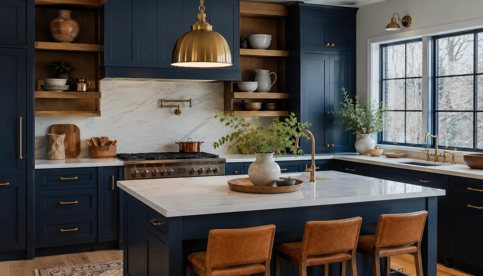 Navy blue kitchen in a north facing room with warm brass lighting and light wood floor balancing the cool natural light