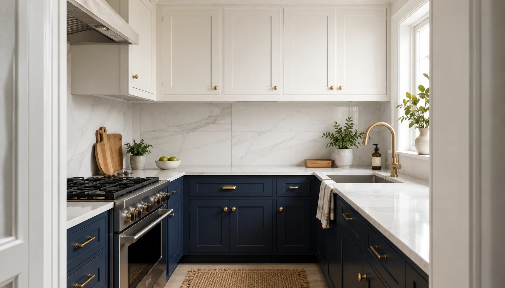 Small navy blue kitchen with lower cabinets in navy and light upper cabinets keeping the room open