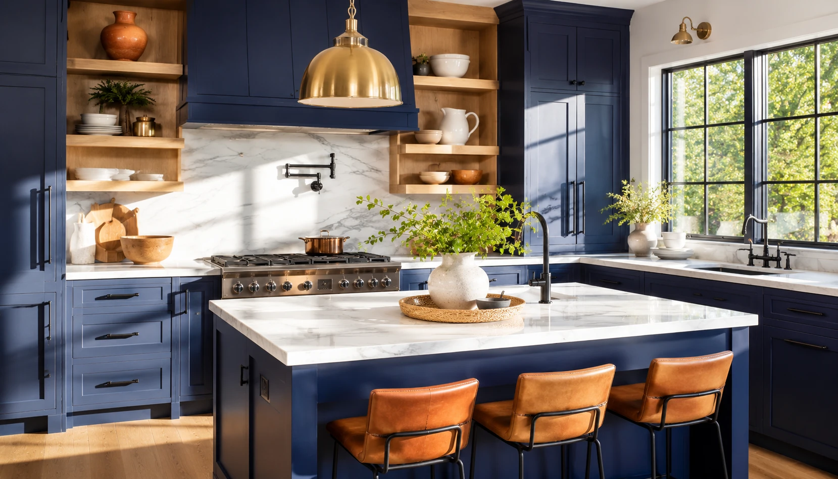 Bright south facing navy blue kitchen with abundant natural light and crisp white countertops