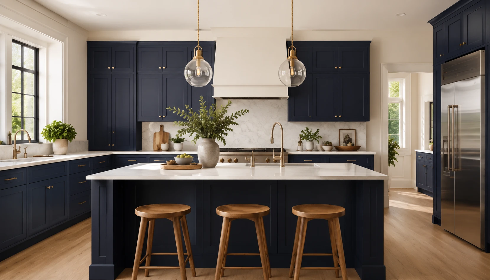 Navy blue kitchen cabinets with soft white walls and ceiling creating contrast