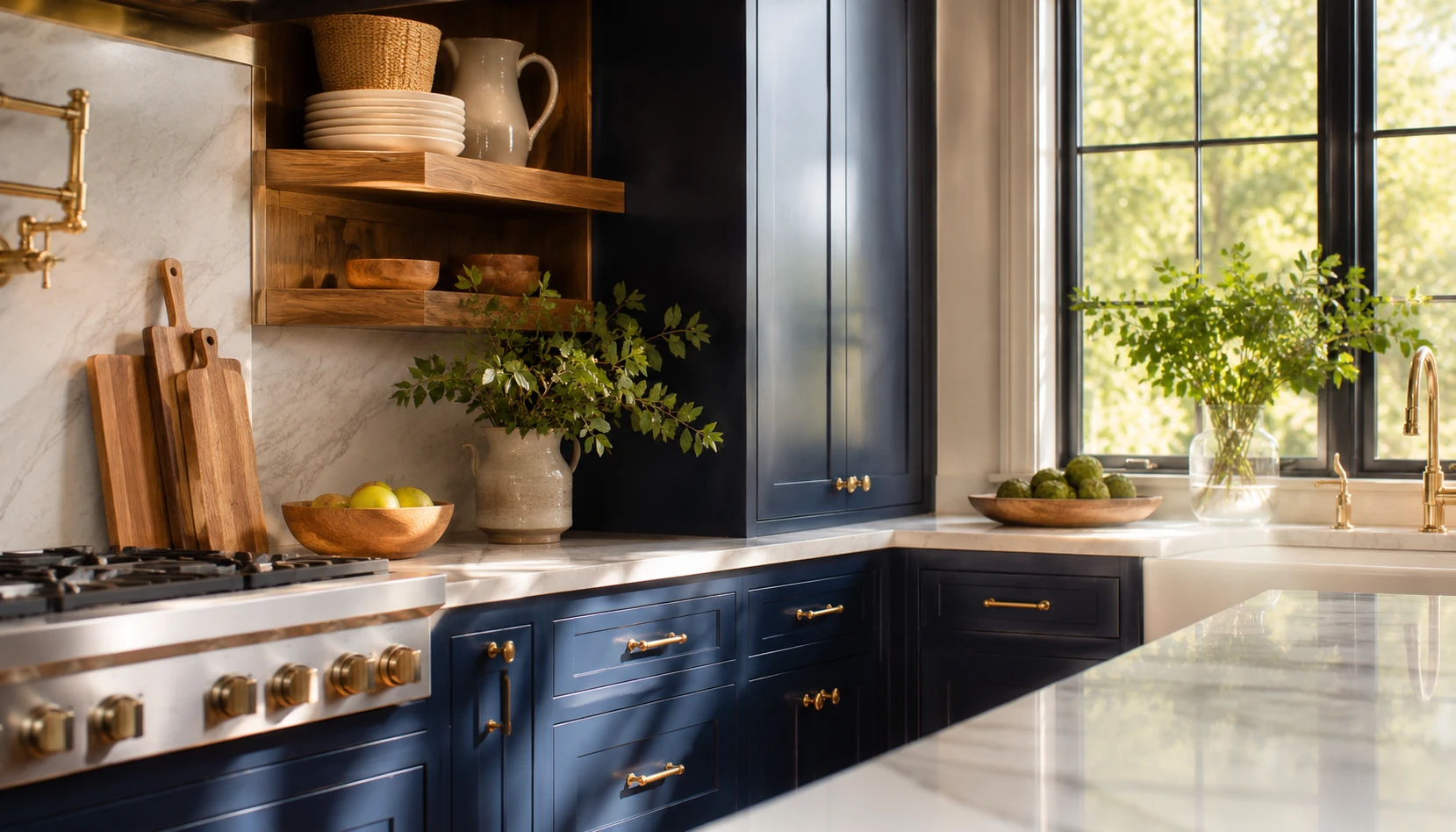 Navy blue kitchen cabinets with brass hardware and marble countertop in warm natural light