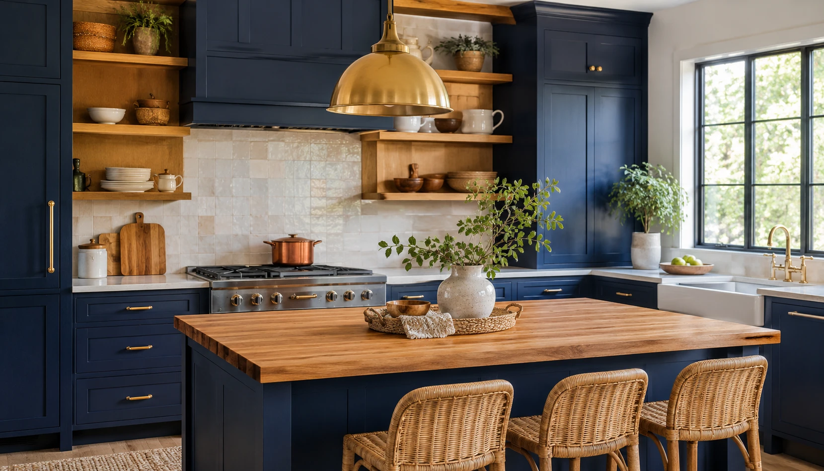 Navy blue kitchen cabinets paired with warm oak open shelving and a butcher block island top