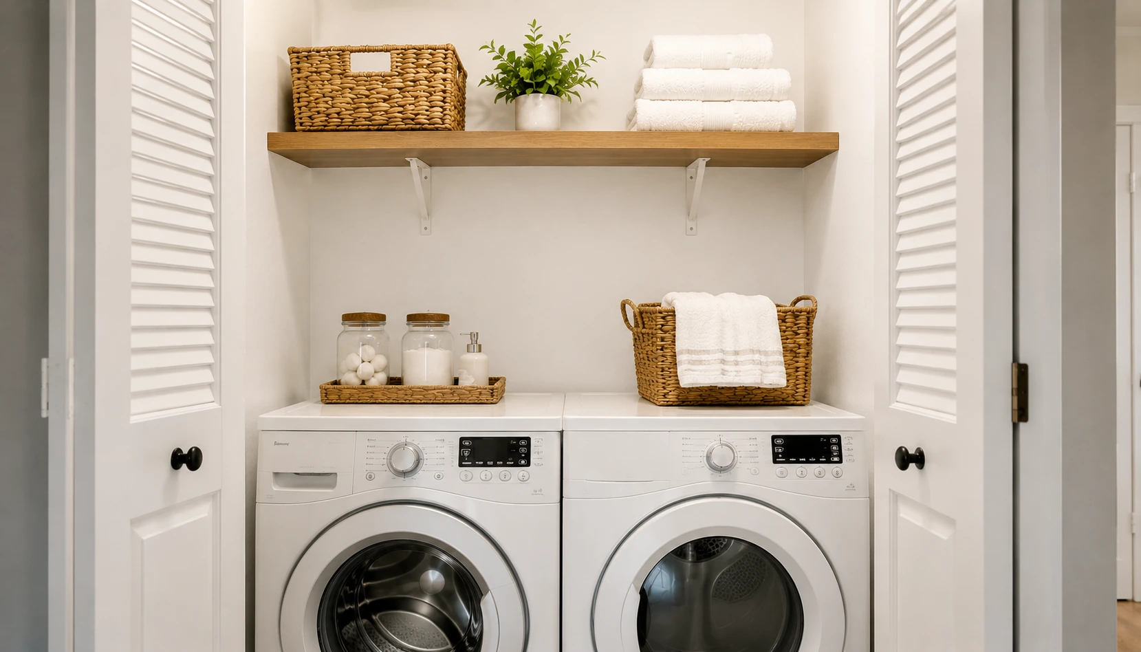 Small laundry closet interior painted soft white with warm wood shelving