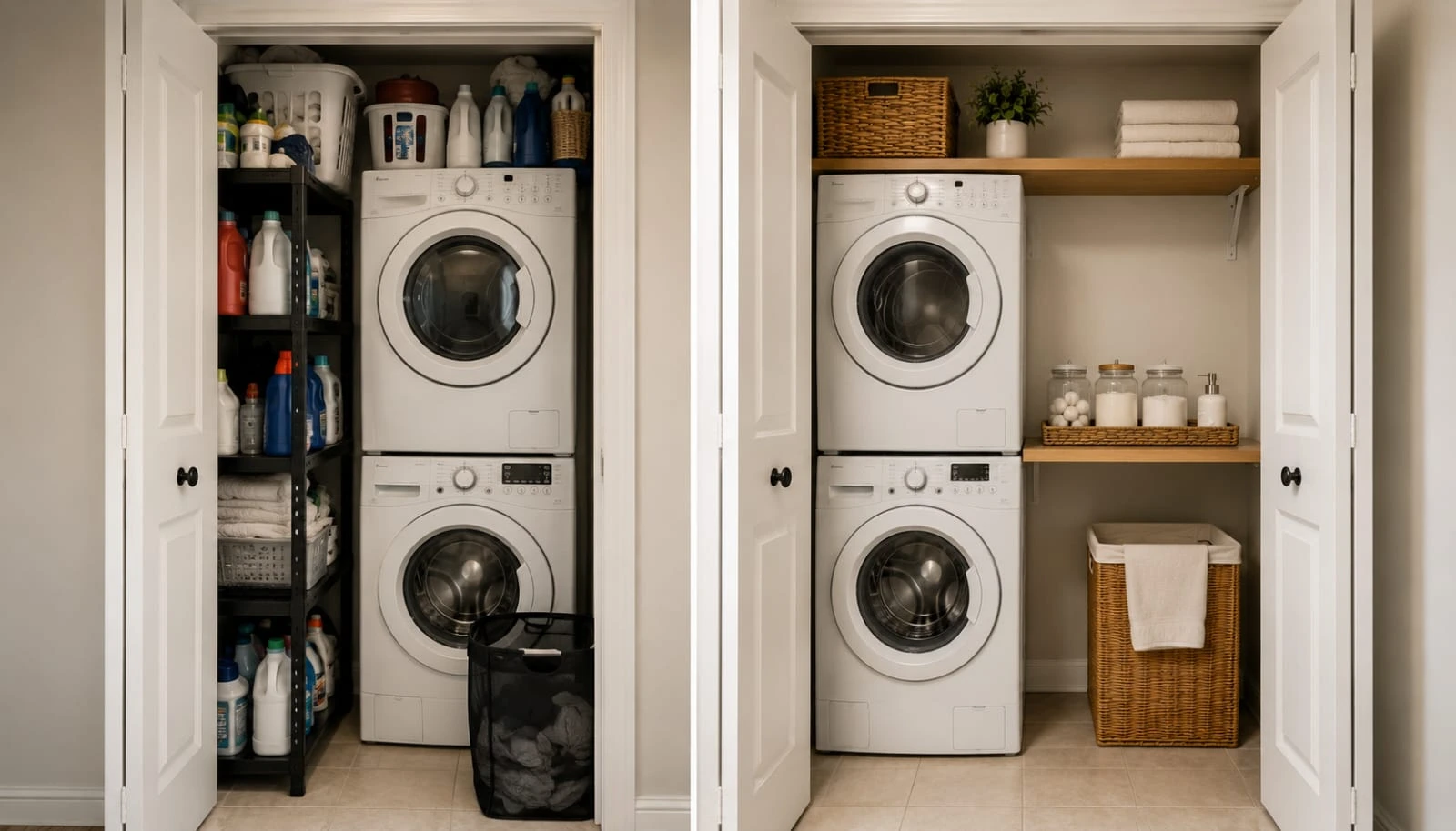 Split scene comparing a cluttered laundry closet mistake against a correctly organized small laundry closet