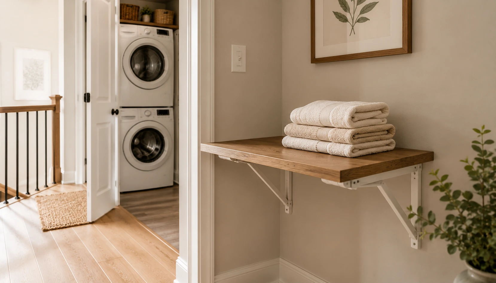 Fold down counter mounted above a laundry closet doorway providing a folding surface