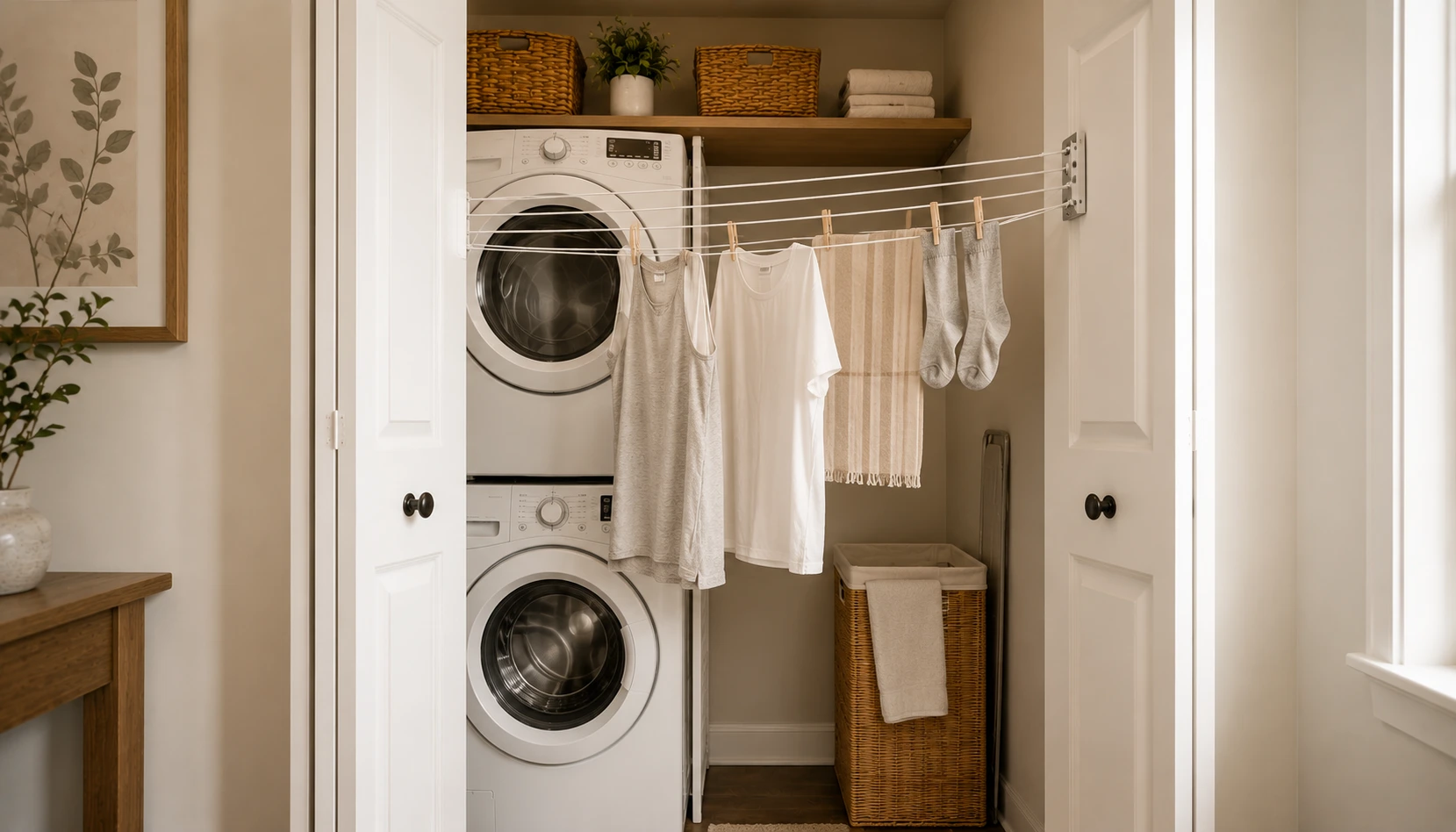 Retractable clothesline and hanging rod mounted inside a small laundry closet for air drying clothes