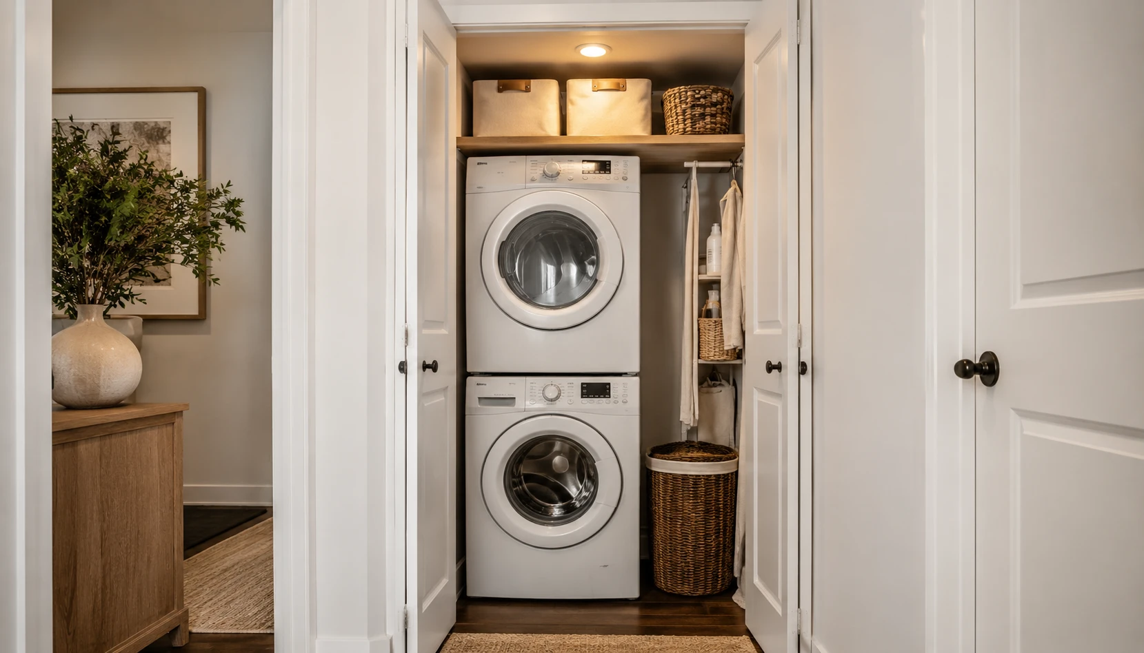 Small stacked laundry closet with bifold doors open, vertical shelving, and a fold-down counter in warm natural light