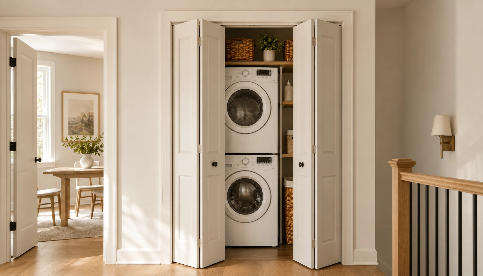 Bifold closet doors painted to match the wall, partially open to reveal an organized laundry closet inside