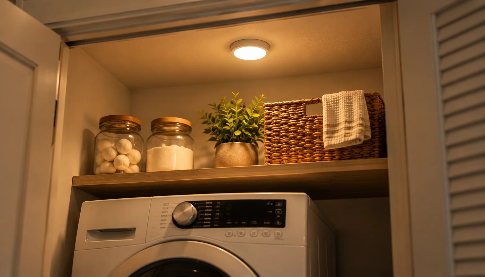 Small laundry closet with a warm battery operated puck light illuminating the interior
