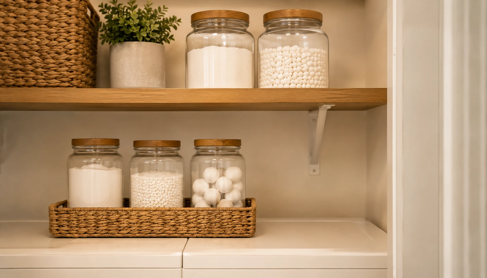 Laundry supplies organized in matching containers on a small shelf inside a laundry closet