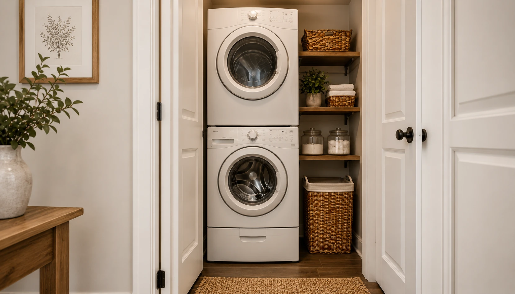Stacked washer and dryer unit in a small closet with a pedestal drawer underneath