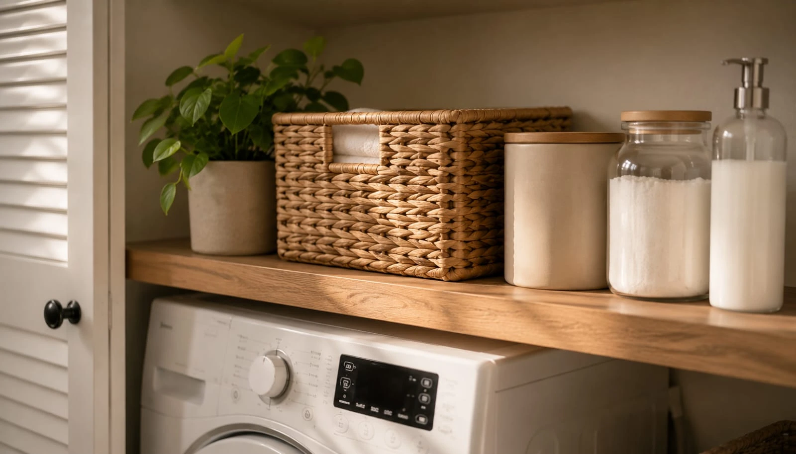 Small laundry closet styled with a woven basket, small plant, and coordinated labeled containers