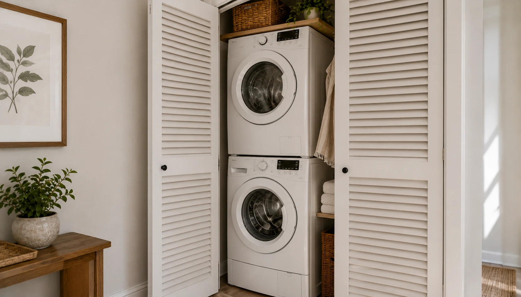 Laundry closet door louvers allowing airflow around a stacked washer and dryer
