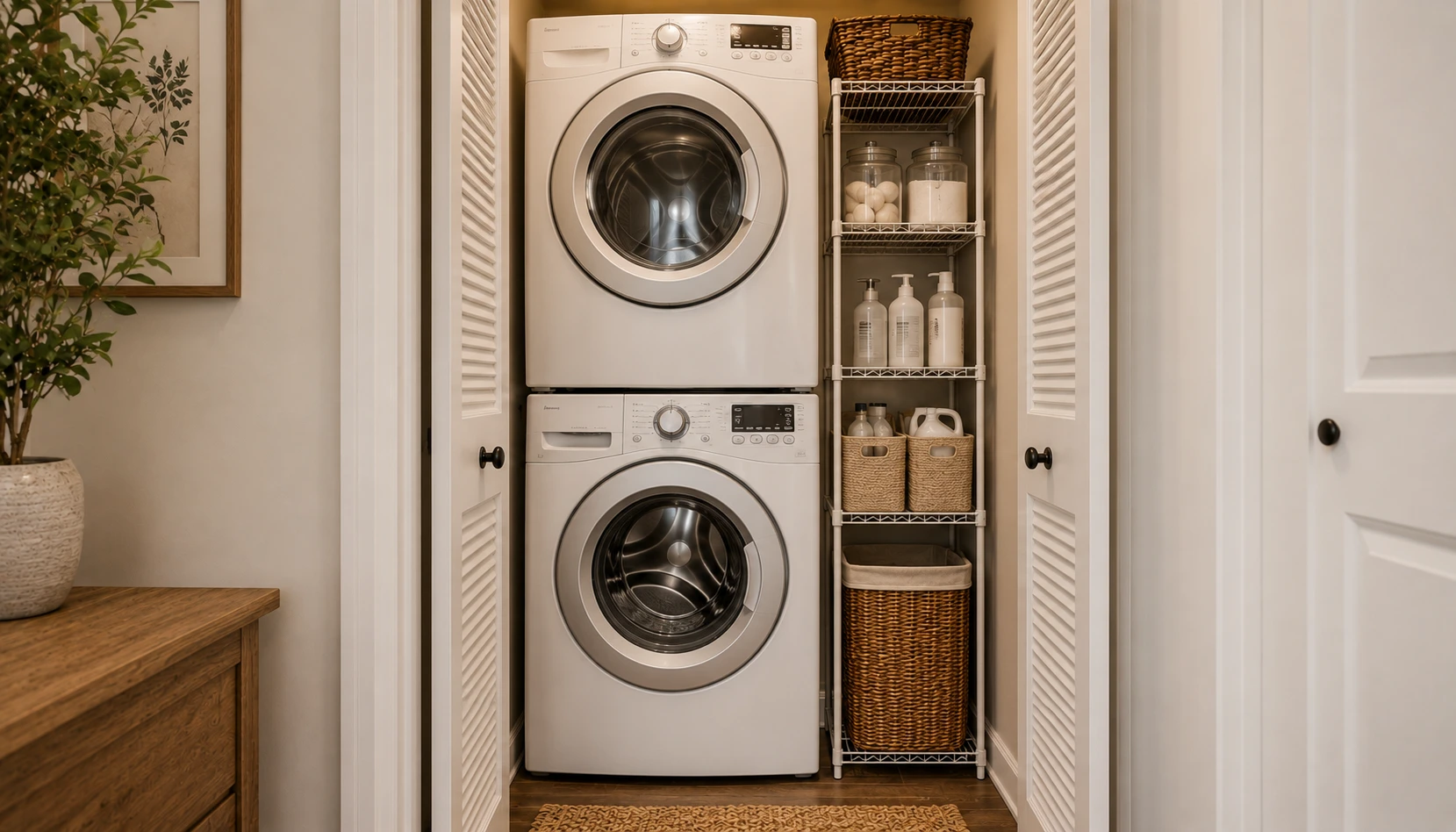 Vertical wire shelving unit beside a stacked washer and dryer in a small laundry closet