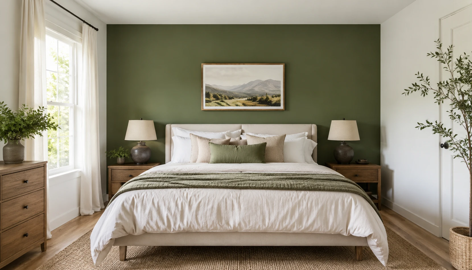 Olive green accent wall behind a bed contrasted against white surrounding walls
