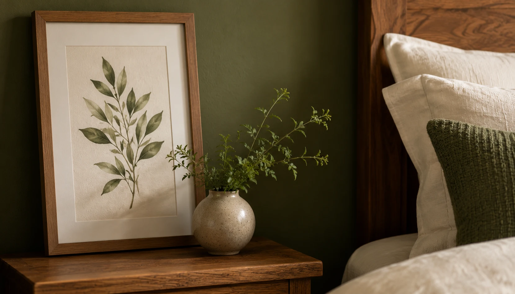 Framed botanical print and small ceramic vase on a nightstand against olive green walls