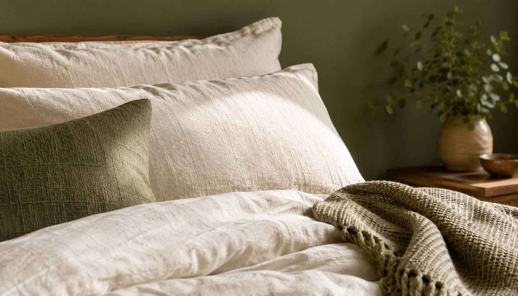 Cream linen bedding with a woven throw against olive green bedroom walls
