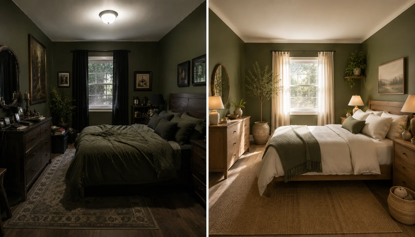 Split scene comparing a heavy dark olive bedroom mistake against a correctly balanced olive bedroom