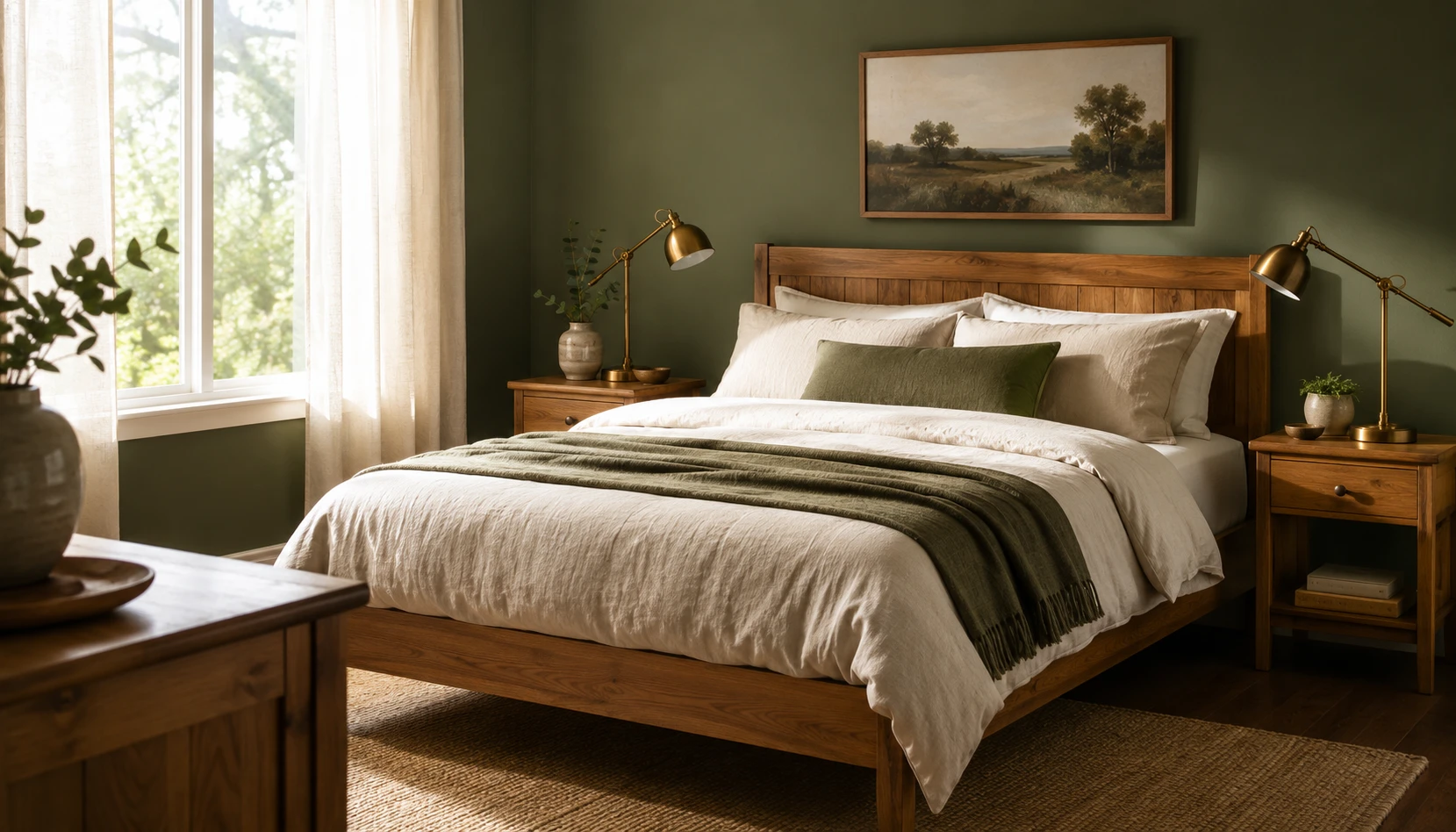 Olive green bedroom with warm wood bed frame, cream linen bedding, and brass reading lamp in soft natural light