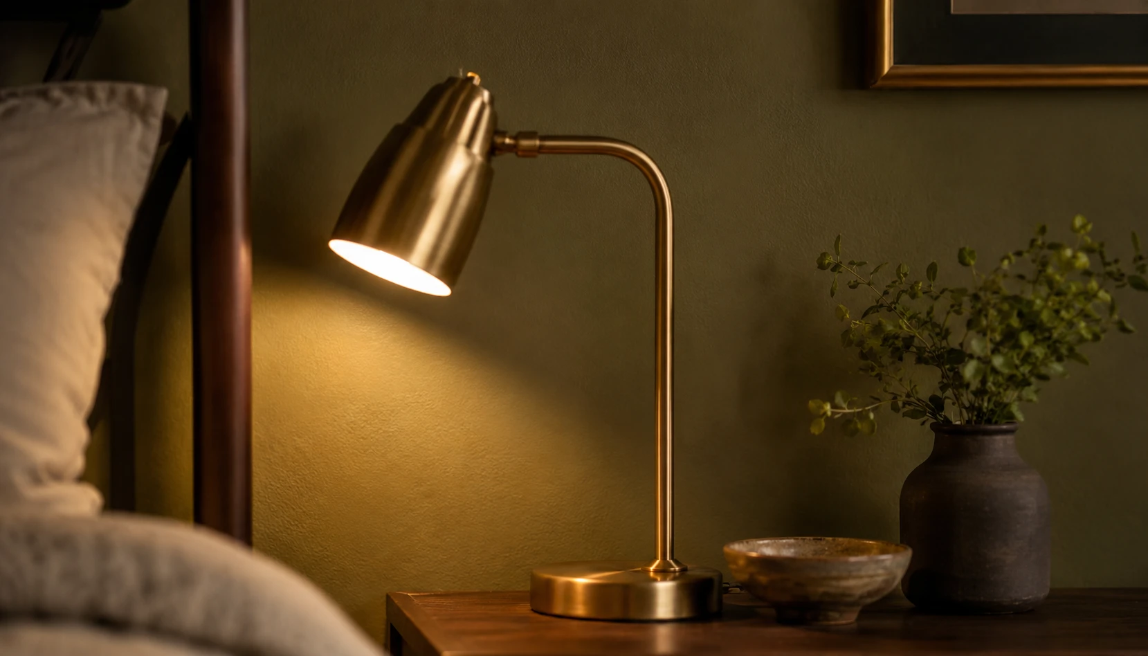 Warm brass reading lamp beside an olive green bedroom wall casting soft evening light