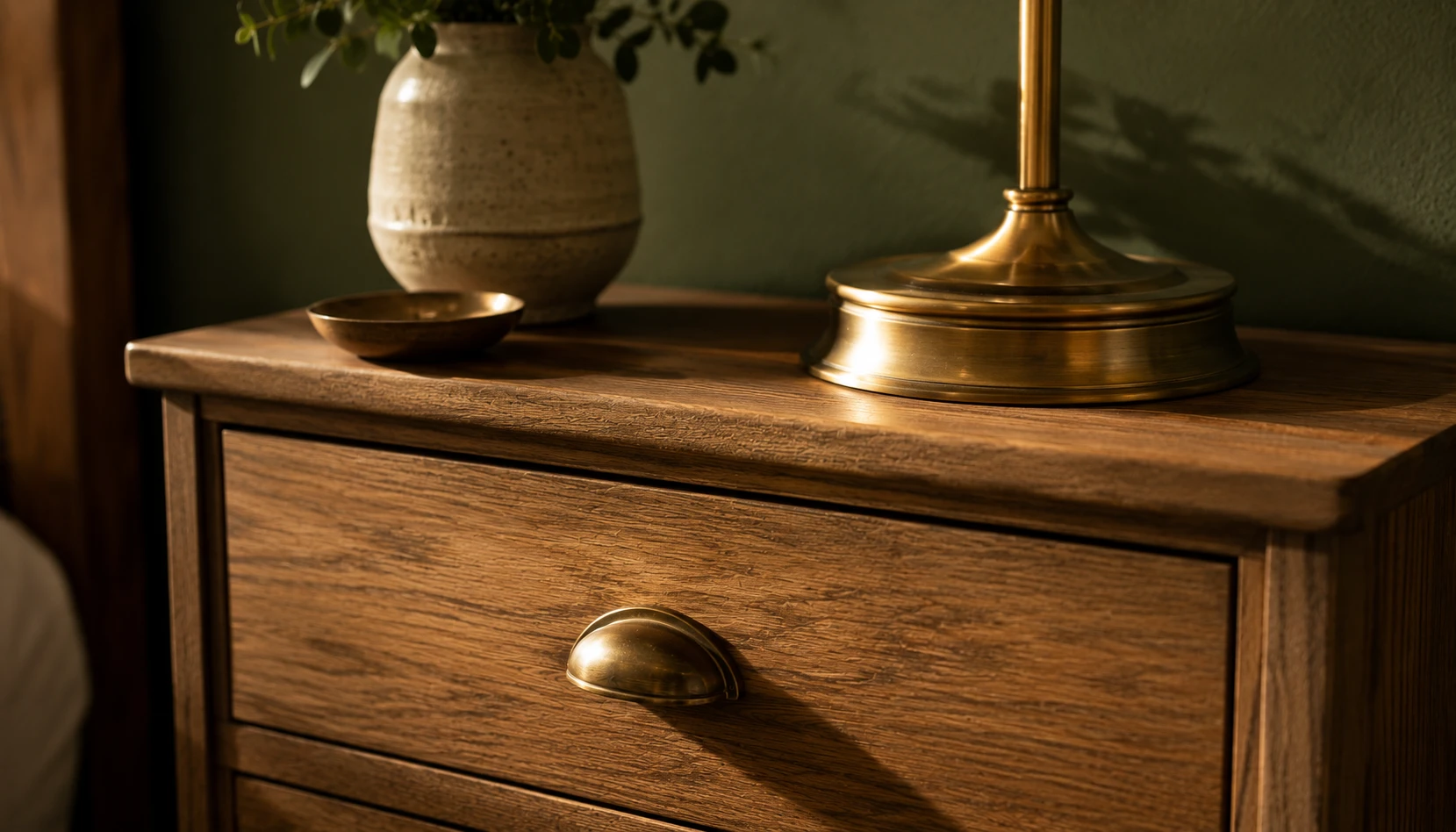 Brass drawer pulls and lamp base against olive green bedroom walls