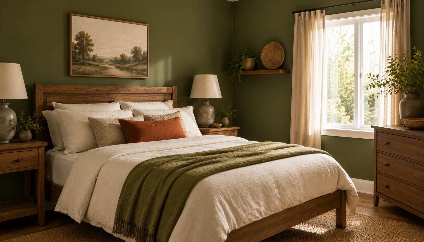 Olive green bedroom with terracotta throw pillow and cream bedding showing color pairing