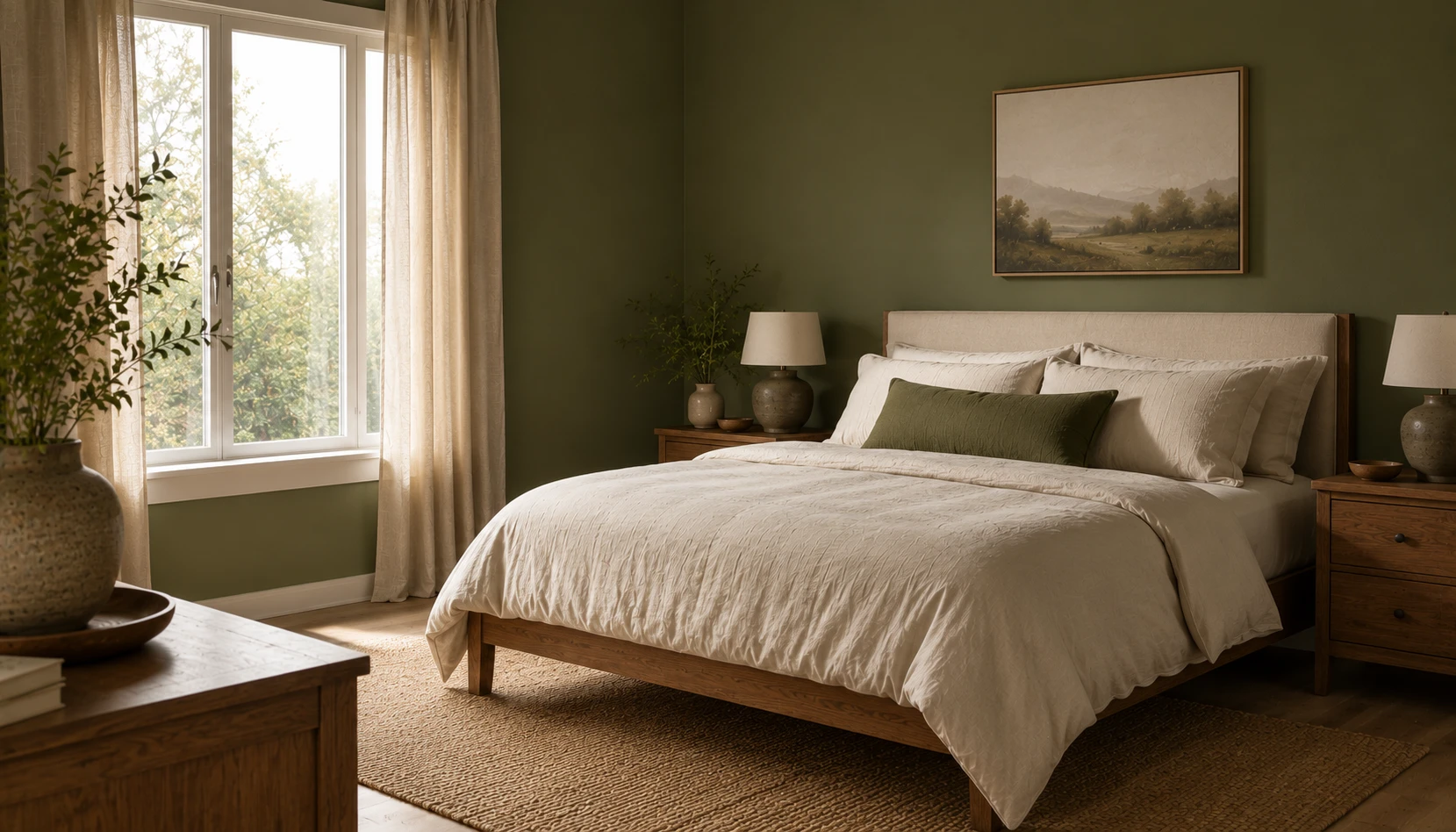 Calm olive green bedroom with soft natural light and minimal styling