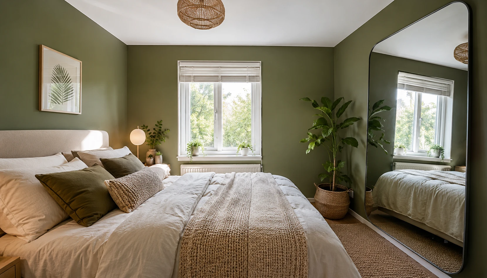Small olive green bedroom with lighter ceiling and a large mirror keeping the room open