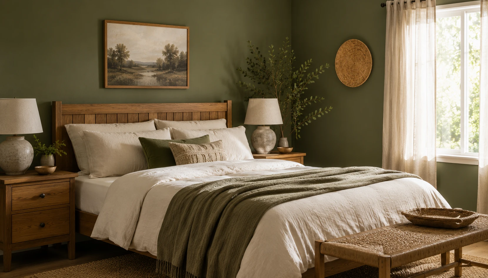Olive green bedroom wall behind a warm wood bed frame with cream linen bedding