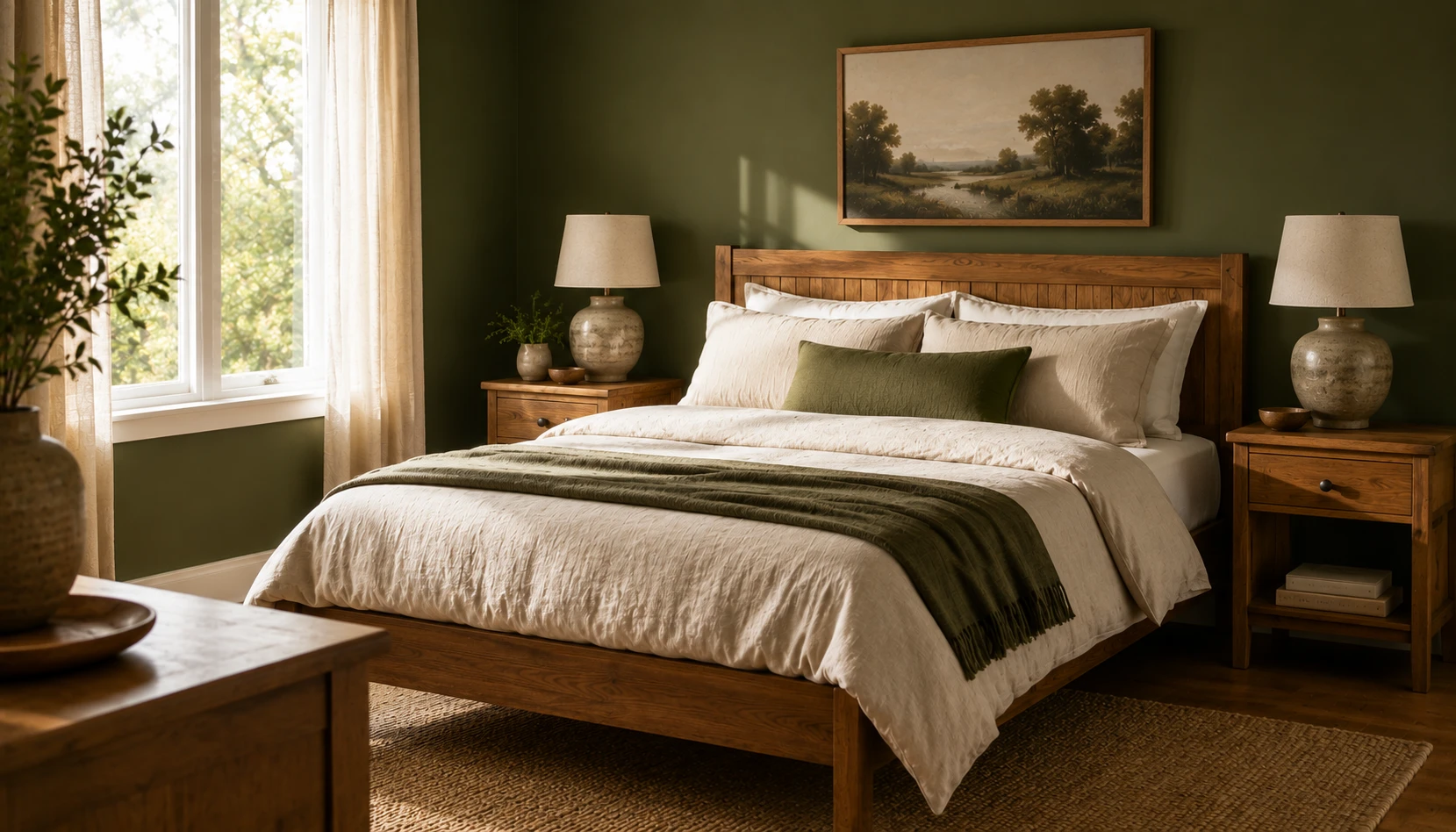 Olive green bedroom with warm oak bed frame and matching nightstands