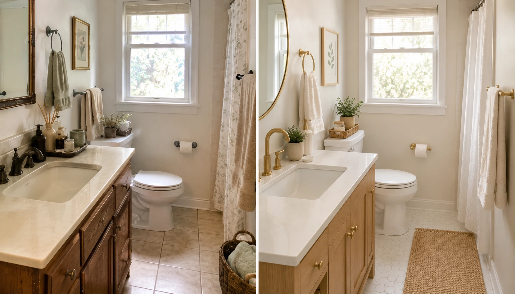 Split scene comparing a mismatched cluttered bathroom against a correctly styled budget bathroom refresh