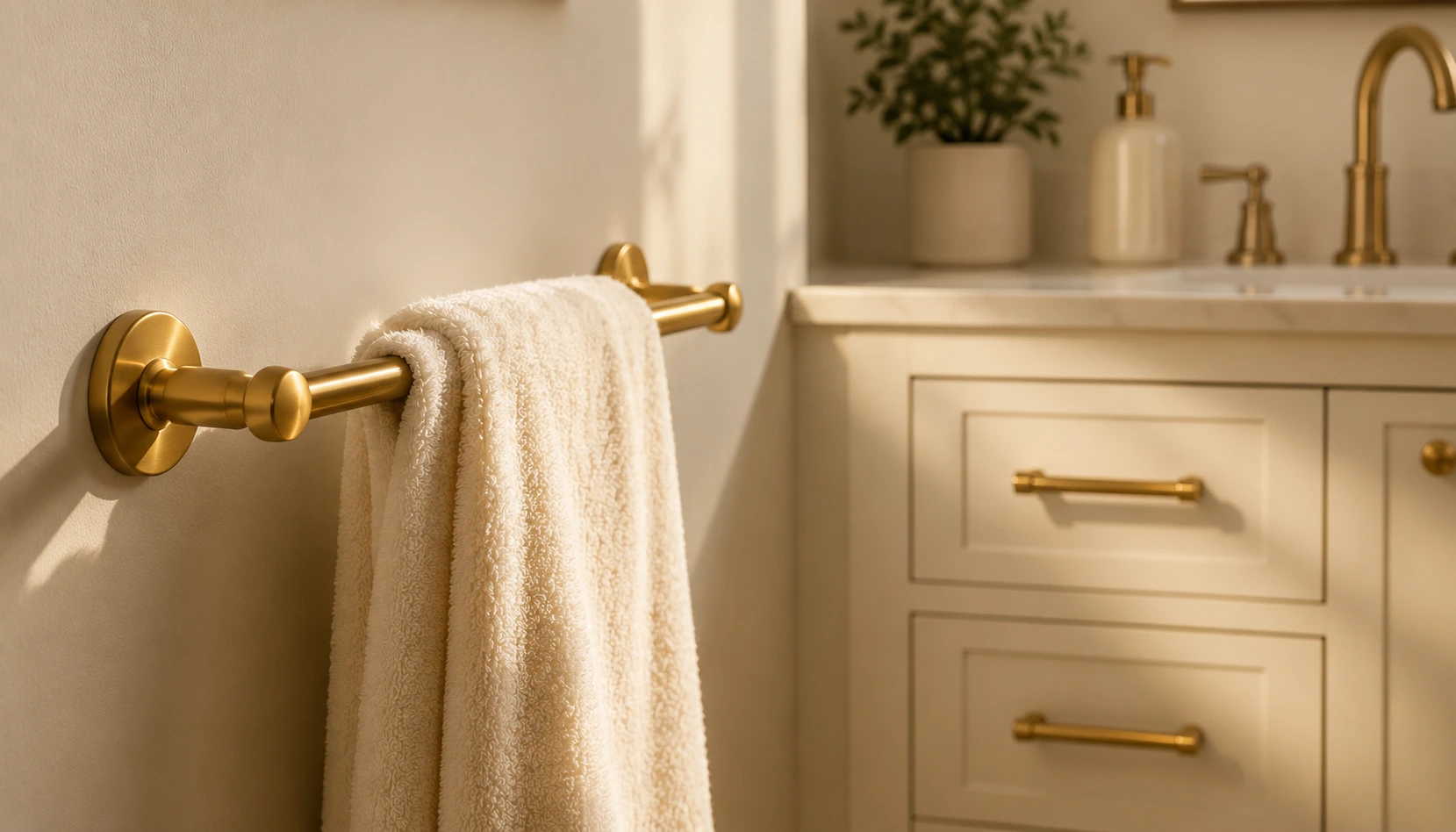 Brass towel bar and drawer pulls installed in a bathroom