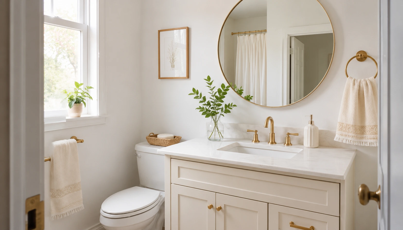Small bathroom refreshed with new hardware, a large mirror, and a warm towel, styled on a low budget